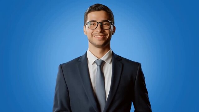 A smartly dressed man wearing glasses and a suit, is smiling confidently against a blue backdrop. He exudes professionalism and approachability Stock Video
