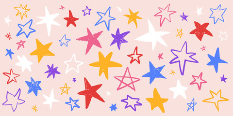 Cool color hand drawn star collection. Crayon doodle twinkle sparks set with flashes and sketch fireworks