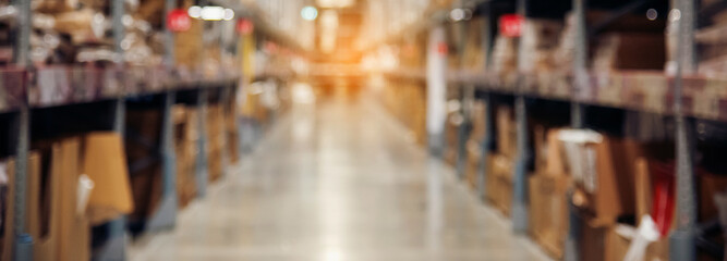 Banner Warehouse background storage inventory shelf freight container aisle space. Goods supply lot shelf store box pallet. Banner packaging on steel rack aisle storehouse inventory with copy space
