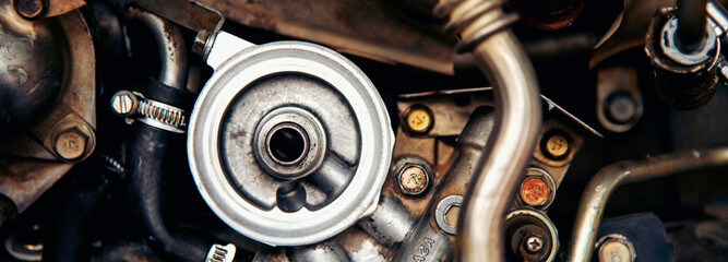 Banner Mechanic tools engineering equipment car auto repair shop with copy space. Blurred background mechanical service. Banner Heavy screw grungy rusted dirty object black background with copy space