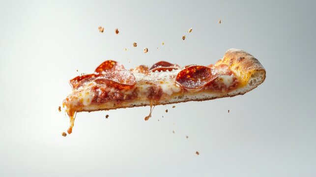 Photography of a thin croast but delicious slice of pizza of pepperoni with cheese floating in a white background, studio light, Canon EF 24-70 f4L IS USM