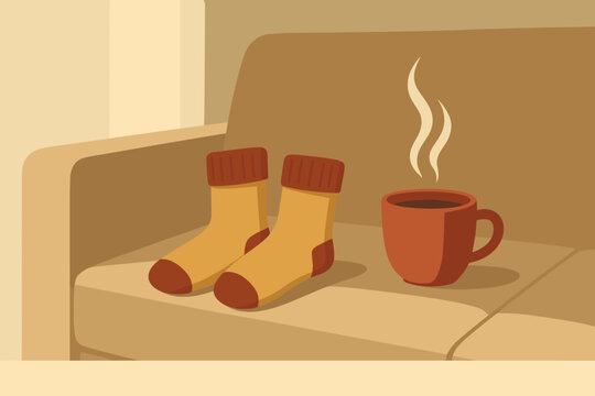 Cozy Morning Vibes. minimalist flat illustration of wool socks and a cup of tea on a couch, soft morning light