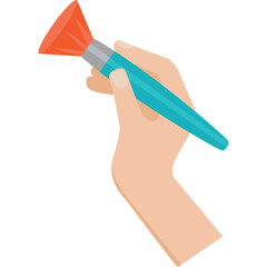 A light skin toned hand holds a teal makeup brush with orange bristles against a transparent background
