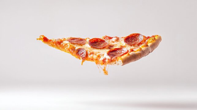 Photography of a thin croast but delicious slice of pizza of pepperoni with cheese floating in a white background, studio light, Canon EF 24-70 f4L IS USM