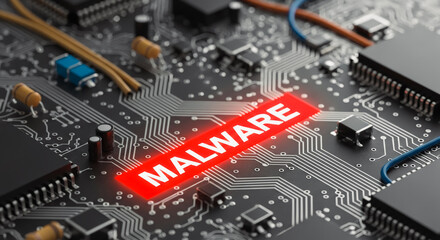 Fototapeta premium Glowing malware text on a computer motherboard