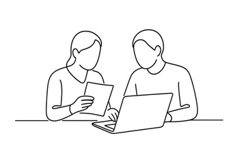 Minimalist Collaboration Art. Content Collaboration. Minimalistic one-line drawing two people working together