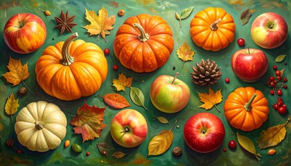 Autumn Harvest Still Life - Pumpkins, Apples, and Fall Foliage.