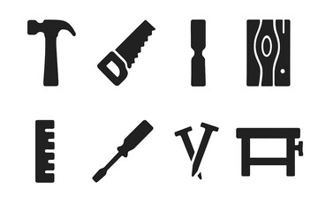Woodworking Icon Set. Woodworking. Filled icon set of Woodworking: hammer, saw, chisel, wood plank, ruler,