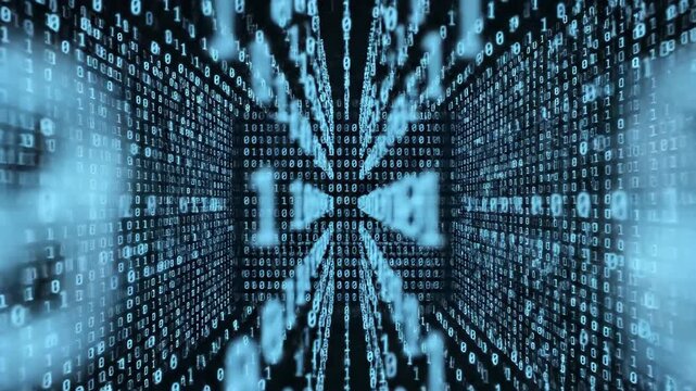 Abstract digital flow of binary code with glowing numbers in deep blue tones.
