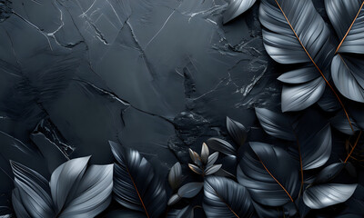 Obraz premium Elegant dark botanical background featuring glossy leaves arranged over a textured stone surface. Premium minimal nature design perfect for packaging, branding, luxury product promotion cosmetics