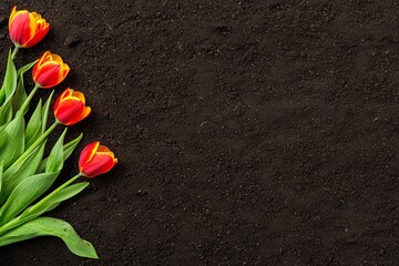 Red and Yellow Tulips on Dark Soil Background Perfect for Gardening