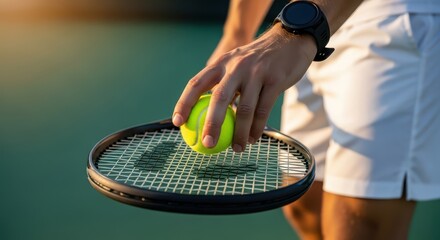 Close-up of Tennis Player's Hand Placing Ball on Racket Strings Before Serving on Outdoor Court.