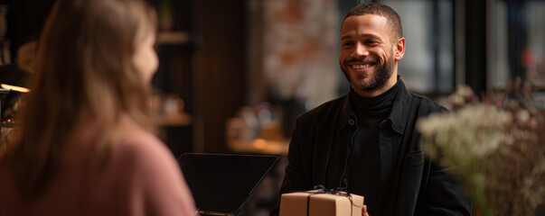 Smiling barista hands gift box across counter in cozy cafe, warm light, candid moment, friendly service, modern interior, winter mood