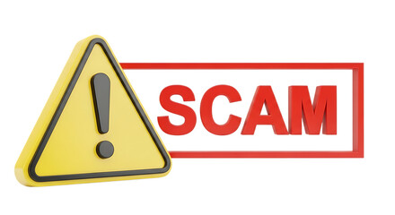 Illustration of scam alert sign with exclamation mark isolated on transparent background concept
