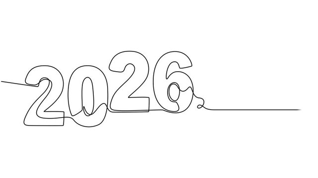 2026 year continuous line art clip self drawing animation on white black background. Full length animation, vertically single one line art outline illustration 2026 year numbers video. New year line.