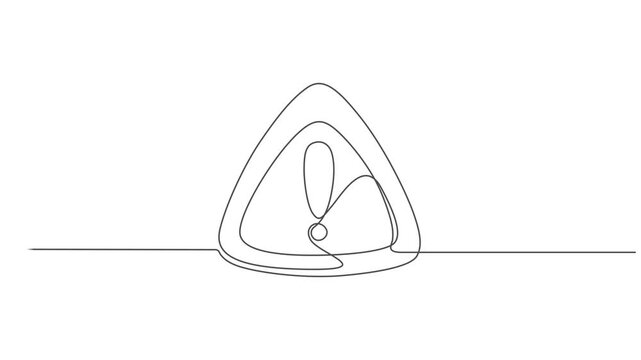 warning icon animation continuous one line drawing,  Exclamation mark drawing with editable black stroke on white background. Vector illustration. Self drawing line animation Warning sign. 4k video.