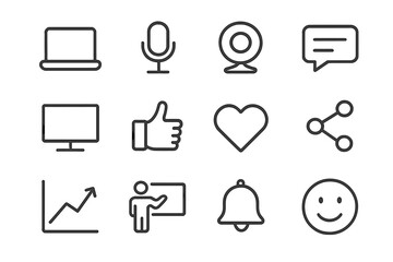 Digital Engagement Icons. Digital engagement icons. Line outline icon set of digital engagement icons: laptop,