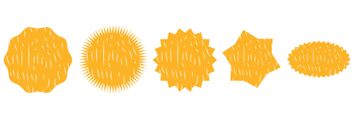 Yellow abstract starburst badge shapes. Collection of bright yellow starburst and badge-style shapes with varied edges, ideal for labels, highlights, stickers, and promotional graphic design.

