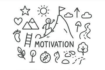 Motivation Doodle Art. Motivation. Hand-drawn doodle illustration of Motivation. In the middle, one slightly