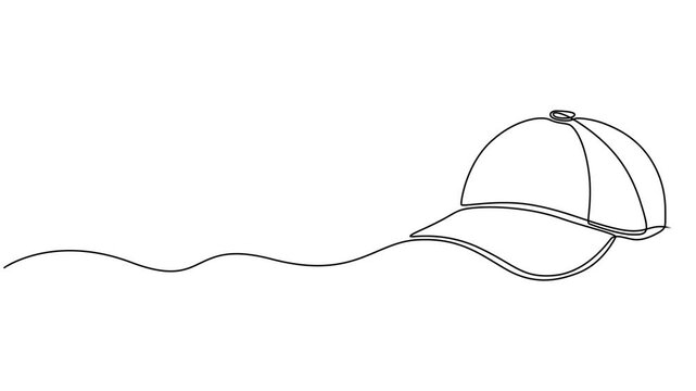 Baseball hat animation continuous one line drawing, Mockup and blank template of baseball uniform cap with side view. Modern fashion accessory. Full length single line animation, baseball cap minimal.