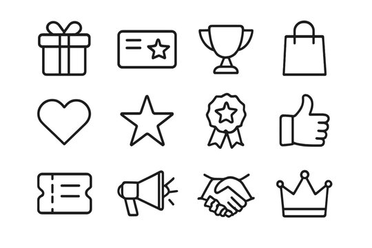 Exclusive Perks Icons. Exclusive perks. Line outline icon set of exclusive perks: gift box, loyalty card,