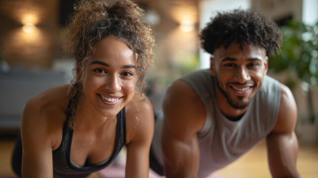 Smiling couple workout home fitness plank exercise happy wellness motivation