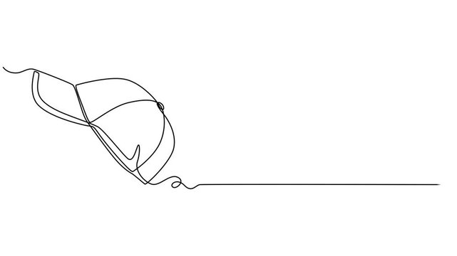 Baseball hat animation continuous one line drawing, Mockup and blank template of baseball uniform cap with side view. Modern fashion accessory. Full length single line animation, baseball cap minimal.