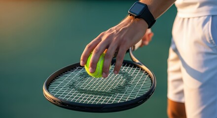 Close-up of Tennis Player's Hand Placing Ball on Racket Strings Before Serving on Outdoor Court.