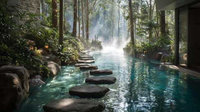 Tranquil forest pool stone pathway misty morning sun rays tropical garden serene water lush foliage zen retreat spa ambiance nature escape - Powered by Adobe