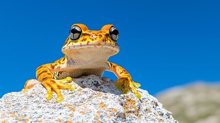 Orange Frog Resting on a Rock with a Bright Blue Sky