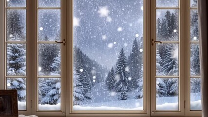 A winter wonderland scene viewed through a window, with falling snow, trees, and a peaceful ambiance. This picture is taken on a snowy day. Stock Video