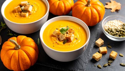 Creamy Pumpkin Soup with Croutons and Autumnal Decorations.