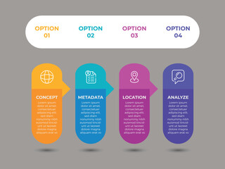 Horizontal timeline with 4 round pointer-like elements. Concept of five milestones of company's development history. Abstract infographic design template. Modern vector illustration for presentation.