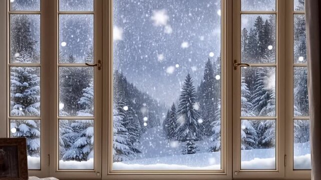 A winter wonderland scene viewed through a window, with falling snow, trees, and a peaceful ambiance. This picture is taken on a snowy day. Stock Video