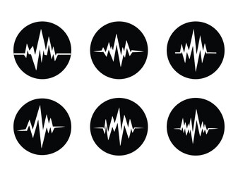 Six circular icons representing seismic wave patterns in black and white
