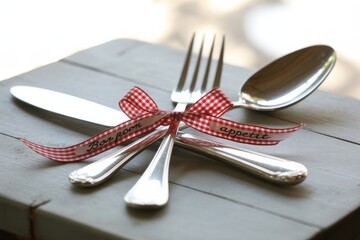 Elegant silverware setting with a charming checkered ribbon adds a sweet touch for a delightful dining experience and a touch of festive flair