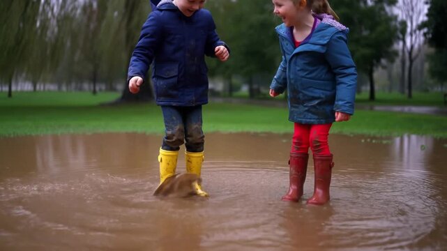 Two children joyfully splash and play in a large puddle in a park. They are wearing colorful boots and raincoats, and they appear to be having a lot of fun. Stock Video