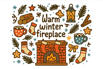 Cozy Winter Fireplace. Warm winter fireplace. Hand-drawn doodle illustration of Warm winter fireplace. stacked