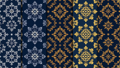 Navy background gold ornament floral motif baroque damask seamless pattern vintage tile luxury wallpaper classic decor evoke elegance and charm