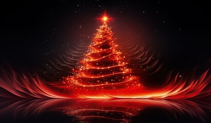 A glowing red Christmas tree against a black background with a reflection creating an abstract Christmas illustration.