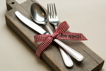 Elegant flatware set with charming ribbon and rustic wooden board makes a beautiful presentation for culinary creations and dining experiences