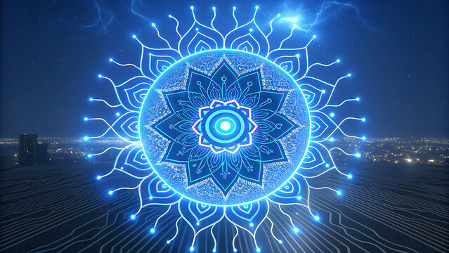 A glowing mandala hovers over a futuristic cityscape at night, symbolizing spiritual technology and the convergence of ancient wisdom with modern innovation