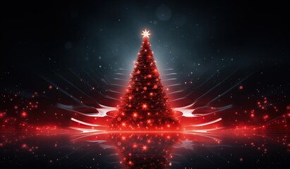 A red Christmas tree with glowing lights creating an abstract futuristic design on a dark background with subtle light rays emanating from its center.