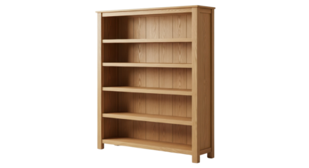 Natural oak wood finished bookcase with five empty shelves for office or living room storage. isolated PNG with Transparent Background