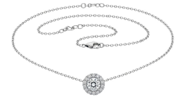 Luxury circular diamond halo pendant necklace on silver chain for retail advertising. isolated PNG with Transparent Background