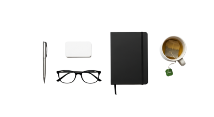 Overhead flat lay of essential business and office supplies for professional mockup and planning isolated PNG with Transparent Background