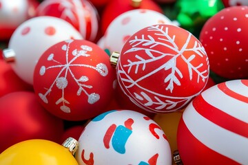 Festive Christmas Ornaments Close Up with Red White and Green Colors