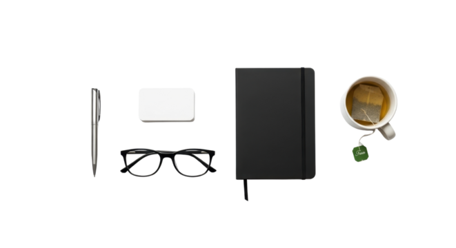 Overhead flat lay of essential business and office supplies for professional mockup and planning isolated PNG with Transparent Background