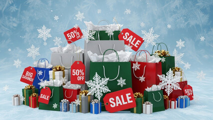 Winter sale promotion concept with a 3d arrangement of red, green and silver shopping bags, gift boxes and Big savings and Sale tags on an icy surface