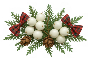 Christmas winter holiday evergreen arrangement with white berries, pine cones, and red plaid bows on transparent background